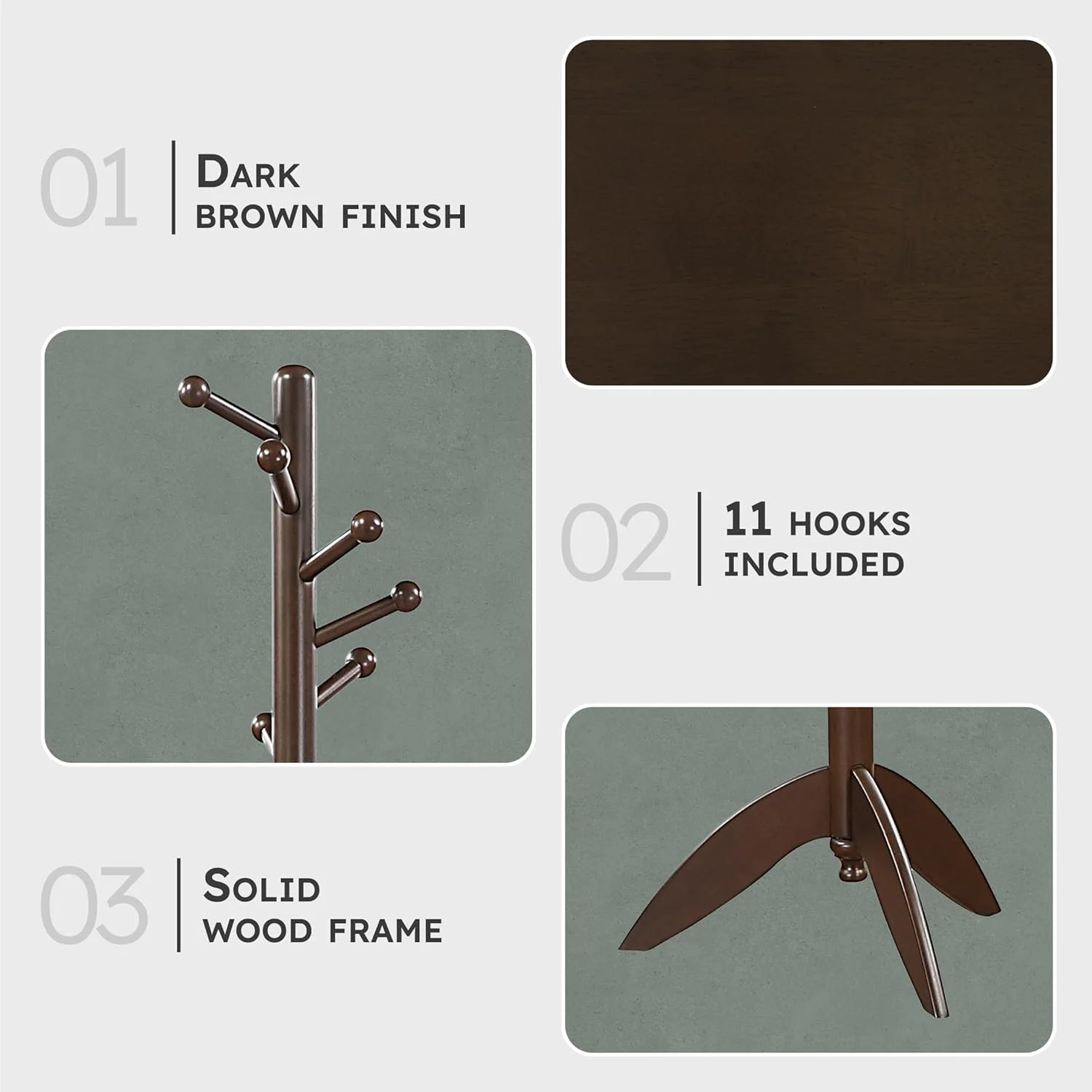 جالباسی ایستاده چوبی محکم لکسیون با ۱۱ آویز برای کلاه، شال گردن، کیف دستی، جالباسی چوبی ۷ طبقه، مناسب اتاق خواب، ورودی، راهرو، دفتر کار، قهوه ای تیره