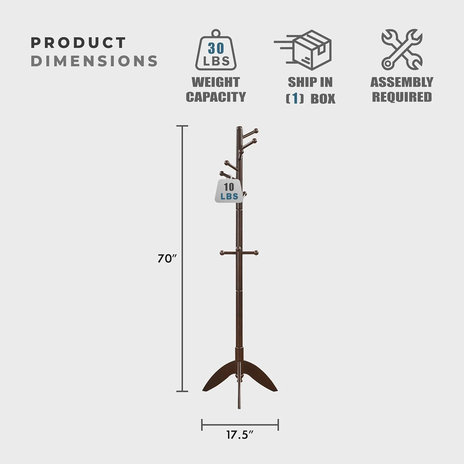 جالباسی ایستاده چوبی محکم لکسیون با ۱۱ آویز برای کلاه، شال گردن، کیف دستی، جالباسی چوبی ۷ طبقه، مناسب اتاق خواب، ورودی، راهرو، دفتر کار، قهوه ای تیره