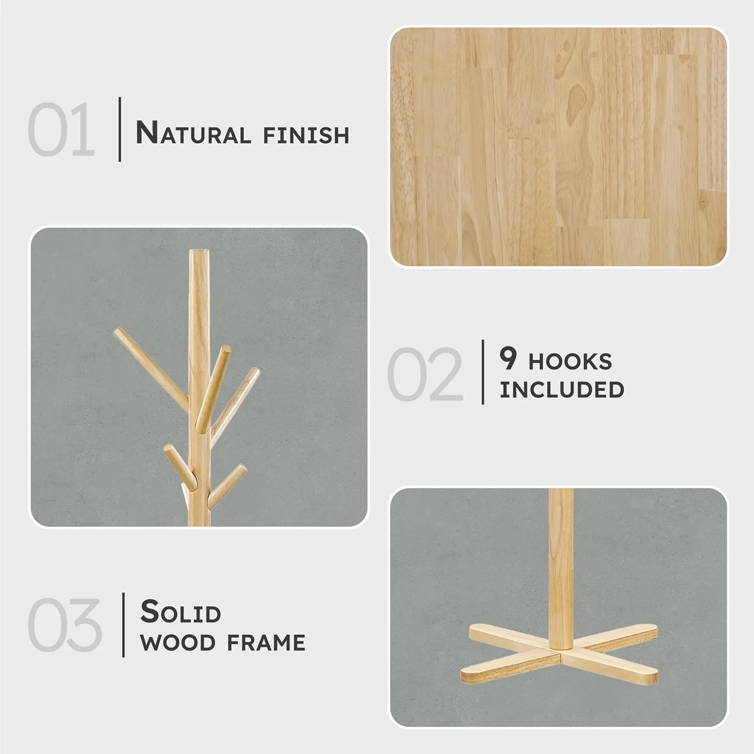 جالباسی ایستاده چوبی محکم لکسیون با 9 آویز برای کلاه، شال گردن، کیف دستی، جالباسی چوبی 3 طبقه مناسب اتاق خواب، ورودی، راهرو، دفتر کار، رنگ طبیعی