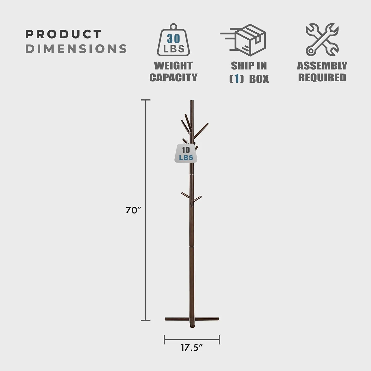 چوب لباسی ایستاده چوبی محکم لکسیکون با 9 آویز برای کلاه، شال گردن، کیف دستی، چوب لباسی چوبی 3 طبقه مستقل مناسب برای اتاق خواب، ورودی، راهرو، دفتر کار، قهوه ای تیره