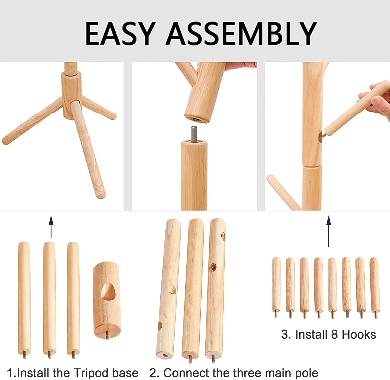 جالباسی ایستاده چوبی لایف‌لاگ، جالباسی درختی با چوب محکم، جالباسی با ۸ آویز و پایه ۳ شاخه، مناسب ورودی، اتاق نشیمن، اتاق خواب، ارتفاع ۱۷۳ سانتی‌متر