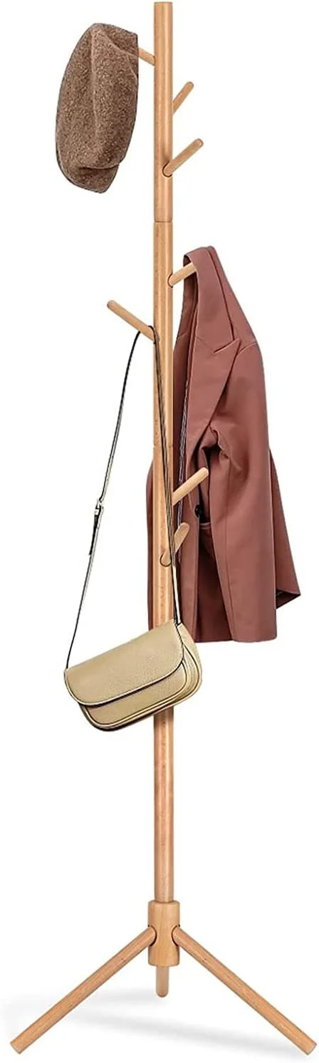 چوب لباسی ایستاده چوبی، آویز لباس قابل تنظیم، چوب لباسی ایستاده محکم با 8 قلاب برای منزل، اتاق خواب، اداره، راهرو، ورودی چوب لباسی ایستاده چوبی، آویز لباس قابل تنظیم، چوب لباسی ایستاده محکم با 8 قلاب برای منزل، اتاق خواب، اداره، راهرو، ورودی