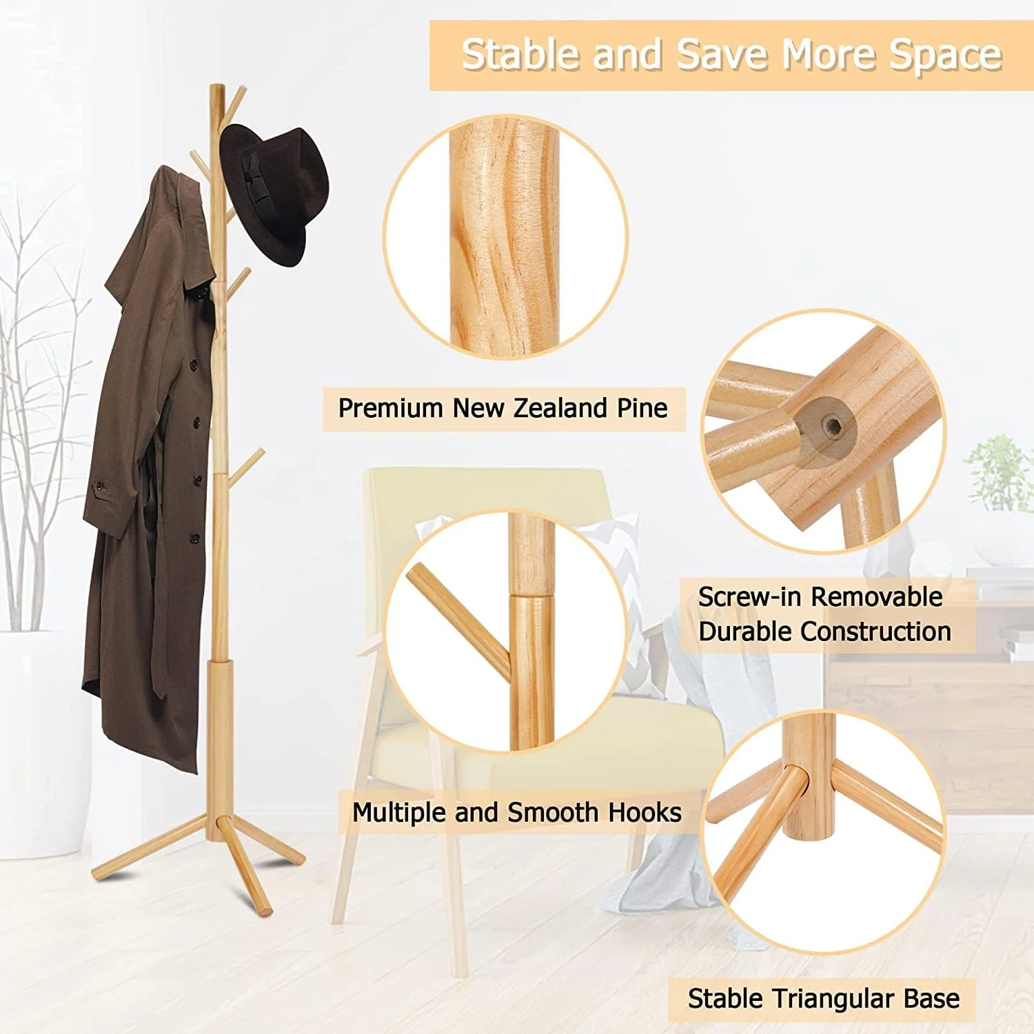 چوب لباسی ایستاده چوبی، آویز لباس قابل تنظیم، چوب لباسی ایستاده محکم با 8 قلاب برای منزل، اتاق خواب، اداره، راهرو، ورودی چوب لباسی ایستاده چوبی، آویز لباس قابل تنظیم، چوب لباسی ایستاده محکم با 8 قلاب برای منزل، اتاق خواب، اداره، راهرو، ورودی