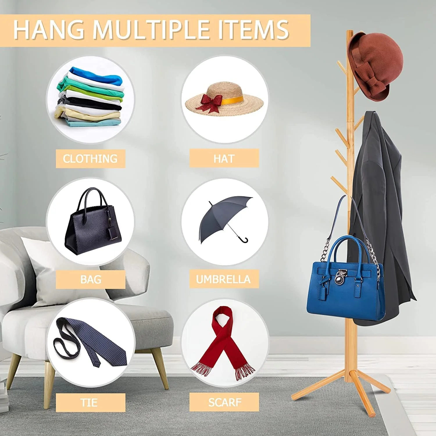 چوب لباسی ایستاده چوبی، آویز لباس قابل تنظیم، چوب لباسی ایستاده محکم با 8 قلاب برای منزل، اتاق خواب، اداره، راهرو، ورودی چوب لباسی ایستاده چوبی، آویز لباس قابل تنظیم، چوب لباسی ایستاده محکم با 8 قلاب برای منزل، اتاق خواب، اداره، راهرو، ورودی