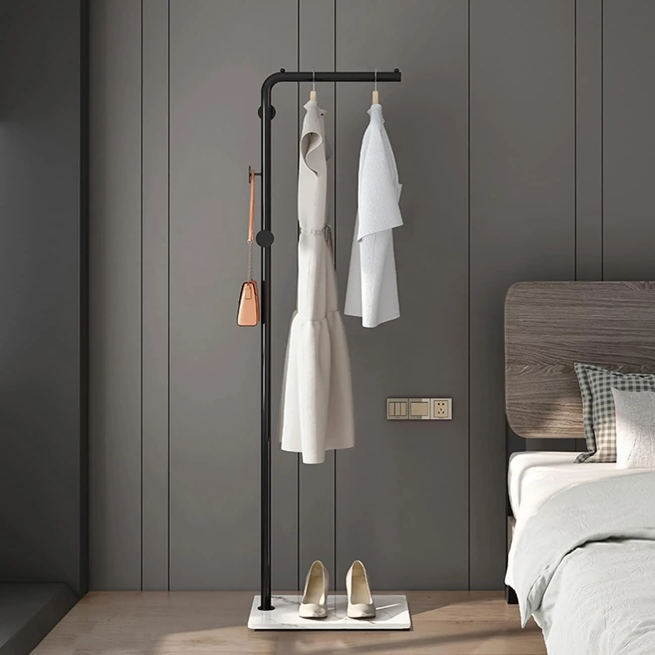 آویز لباس فلزی ایستاده ارکیده با پایه مرمر طبیعی، جالباسی ورودی با 3 آویز، مناسب منزل، هتل، راهرو برای کت، لباس و کیف دستی (مشکی با پایه سفید) (مشکی، سفید)