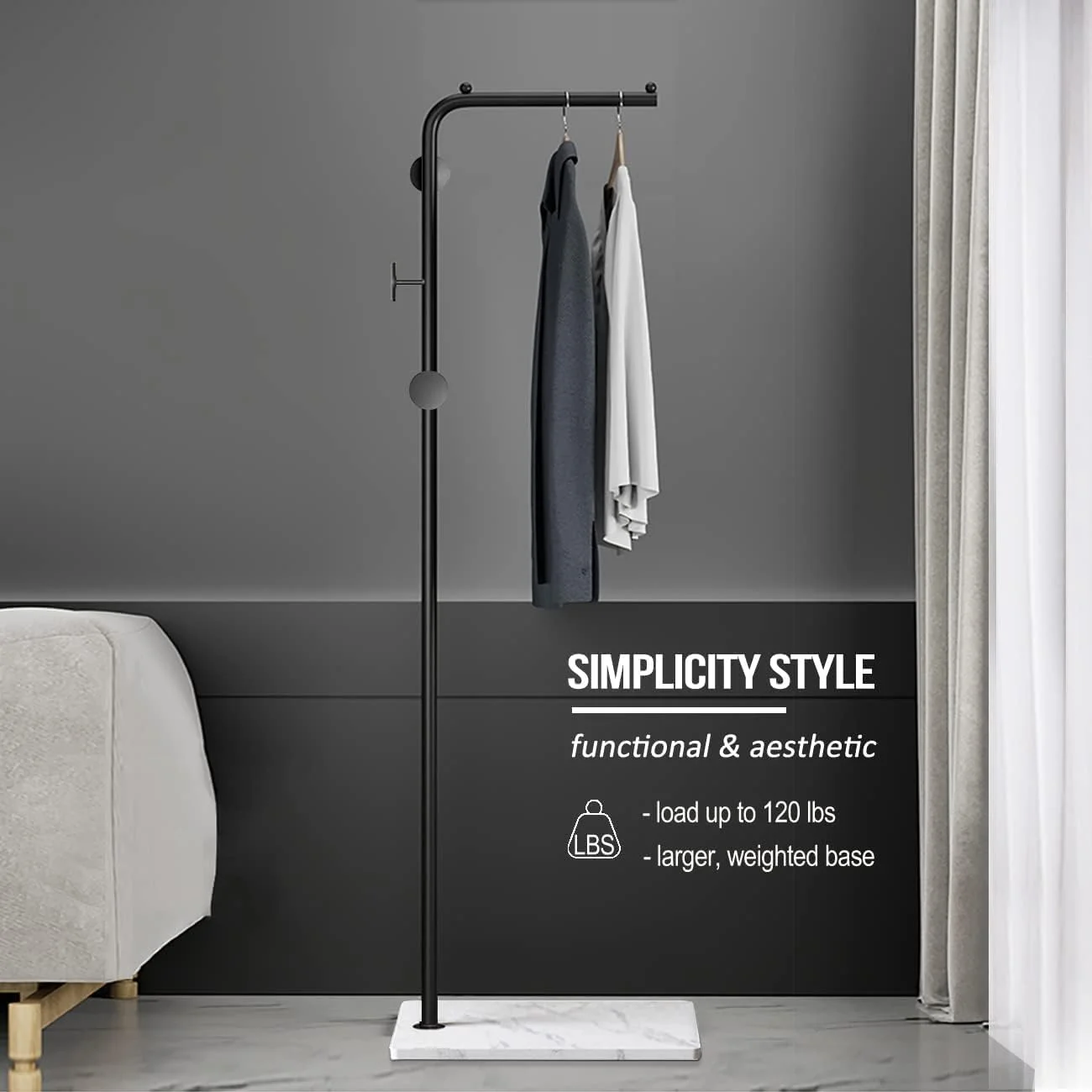 آویز لباس فلزی ایستاده ارکیده با پایه مرمر طبیعی، جالباسی ورودی با 3 آویز، مناسب منزل، هتل، راهرو برای کت، لباس و کیف دستی (مشکی با پایه سفید) (مشکی، سفید)