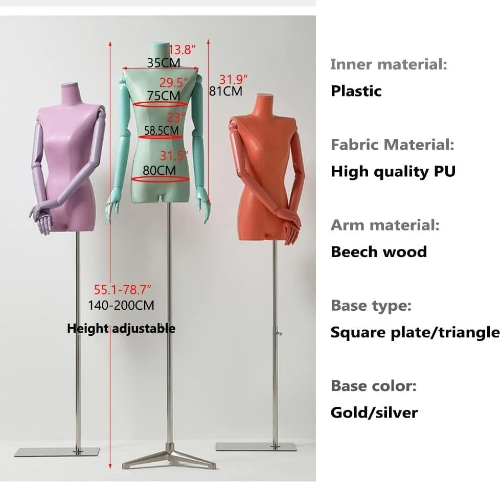 مانکن زنانه با بدنه PU رنگی و بازوهای چوبی، مانکن نمایش تنه برای فروشگاه های لباس، جواهرفروشی ها، بوتیک ها، پایه مربعی نارنجی