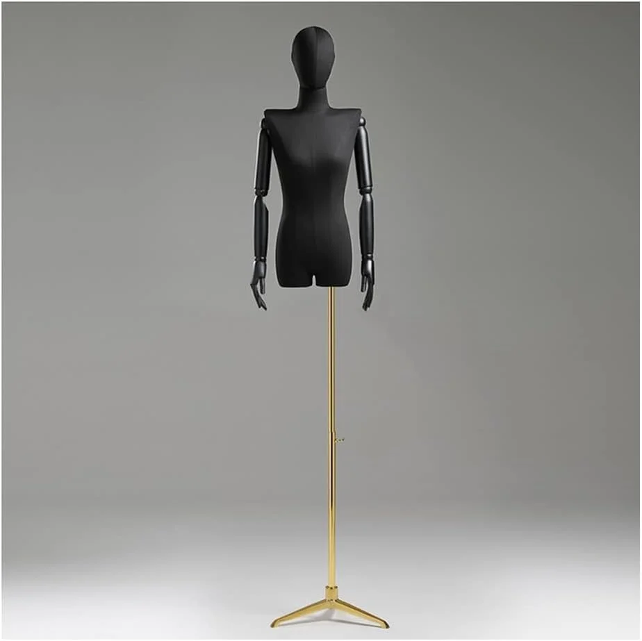 مانکن خیاطی زنانه قابل تنظیم ارتفاع، نیم تنه، مناسب برای ویترین فروشگاه، مشکی + طلایی