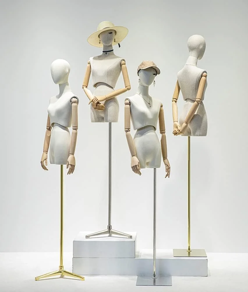 مانکن نیم تنه زنانه، قابل تنظیم ارتفاع، نمایشگر لباس، مناسب برای ویترین فروشگاه، خیاطی، پایه نقره ای، پارچه کتانی خاکستری، پایه نقره ای - پارچه کتانی بژ