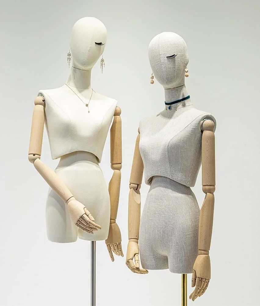 مانکن نیم تنه زنانه، قابل تنظیم ارتفاع، نمایشگر لباس، مناسب برای ویترین فروشگاه، خیاطی، پایه نقره ای، پارچه کتانی خاکستری، پایه نقره ای - پارچه کتانی بژ