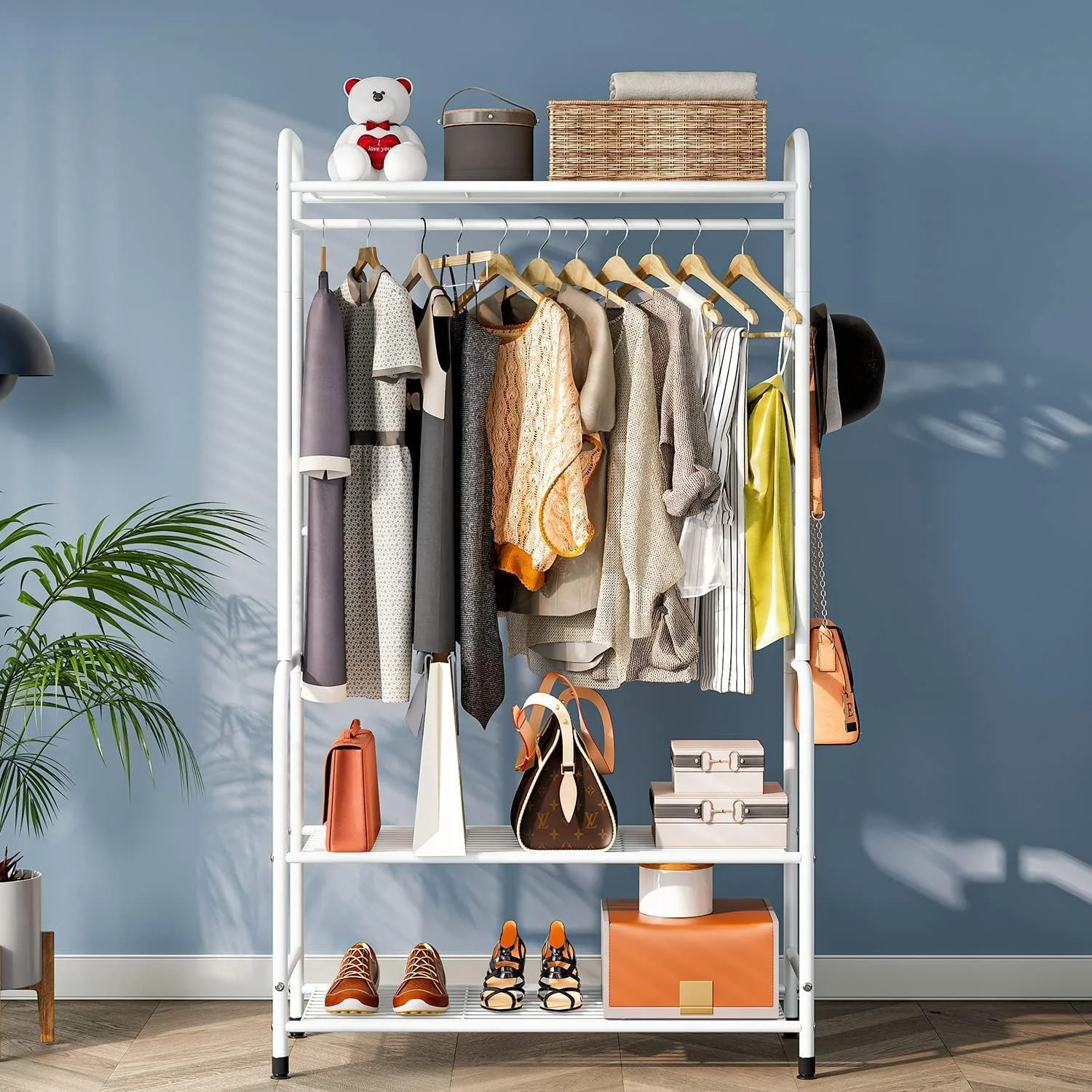 رخت آویز ایستاده با جاکفشی، ریل لباس سفید، رخت آویز ایستاده با نیمکت ذخیره سازی کفش 2 طبقه، رخت آویز فلزی برای راهرو، اتاق خواب، ورودی، 75 * 40 * 168 سانتی متر (سفید)