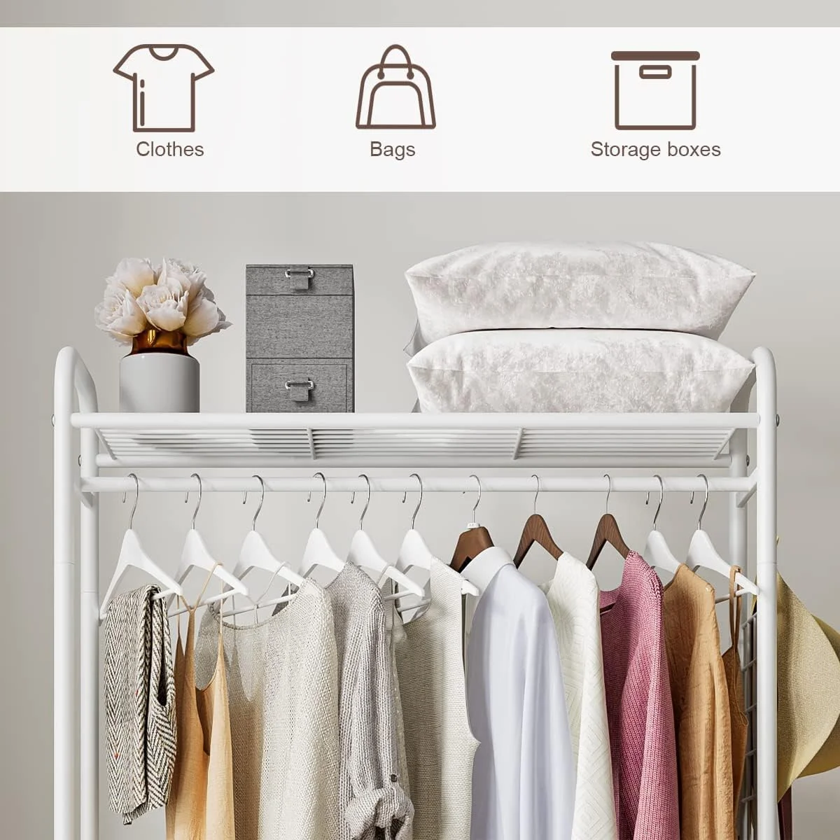 رخت آویز ایستاده با جاکفشی، ریل لباس سفید، رخت آویز ایستاده با نیمکت ذخیره سازی کفش 2 طبقه، رخت آویز فلزی برای راهرو، اتاق خواب، ورودی، 75 * 40 * 168 سانتی متر (سفید)