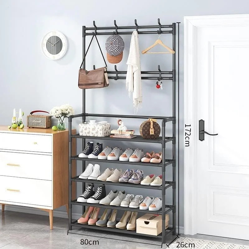 جالباسی ایستاده 5 طبقه، رخت آویز و جاکفشی 3 در 1 با 8 آویز، قفسه های ذخیره سازی، سازمان دهنده چند منظوره راهرو