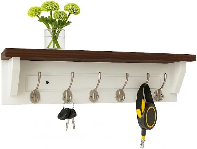 جالباسی دیواری Matías با قفسه – جالباسی و جاکلیدی 60 سانتی‌متری، 6 قلاب فلزی، لبه چوبی تیره – واحد قفسه ورودی تزئینی، نگهدارنده نامه، سازمان‌دهنده آشپزخانه و حمام (سفید)
