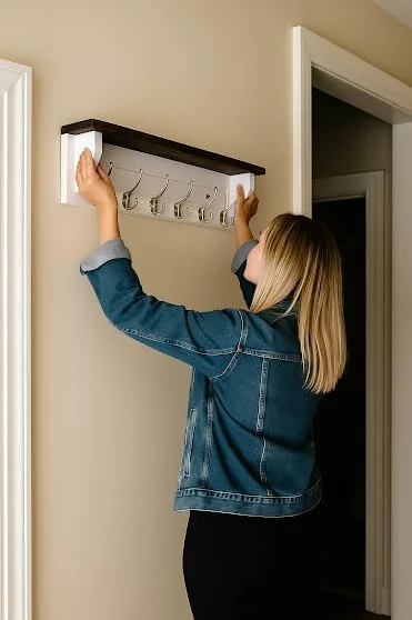 جالباسی دیواری Matías با قفسه – جالباسی و جاکلیدی 60 سانتی‌متری، 6 قلاب فلزی، لبه چوبی تیره – واحد قفسه ورودی تزئینی، نگهدارنده نامه، سازمان‌دهنده آشپزخانه و حمام (سفید)