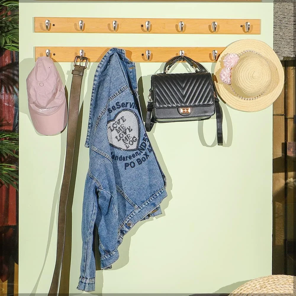 چوب لباسی دیواری YATAI، شامل 2 عدد چوب لباسی با 7 قلاب نیکل مات، چوب لباسی دیواری سنگین، قلاب دیواری با پایه بامبو چوبی، قلاب دیواری برای آویزان کردن کوله پشتی، ژاکت، کت، کلاه