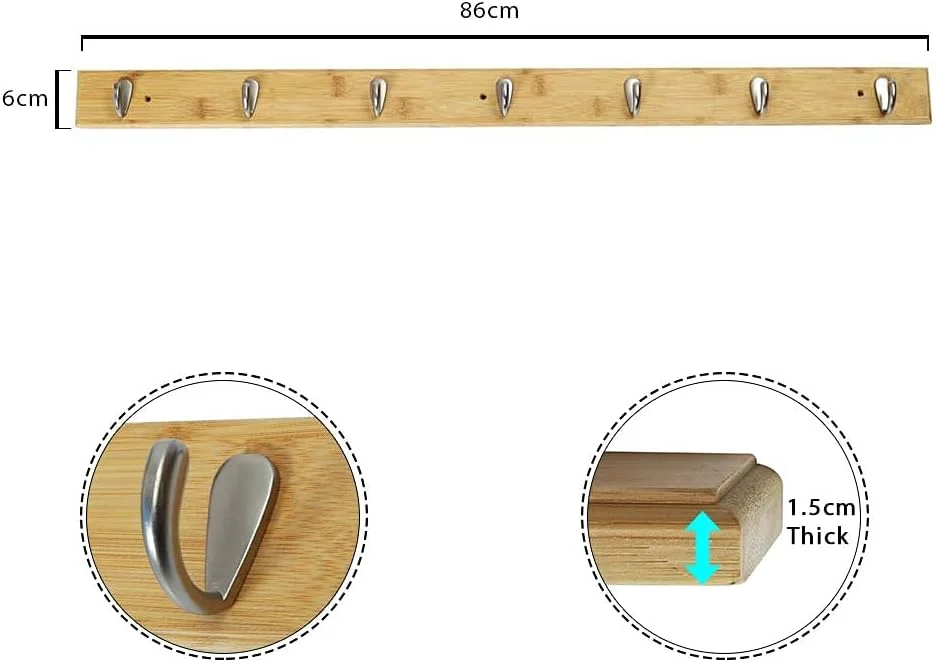 چوب لباسی دیواری YATAI، شامل 2 عدد چوب لباسی با 7 قلاب نیکل مات، چوب لباسی دیواری سنگین، قلاب دیواری با پایه بامبو چوبی، قلاب دیواری برای آویزان کردن کوله پشتی، ژاکت، کت، کلاه