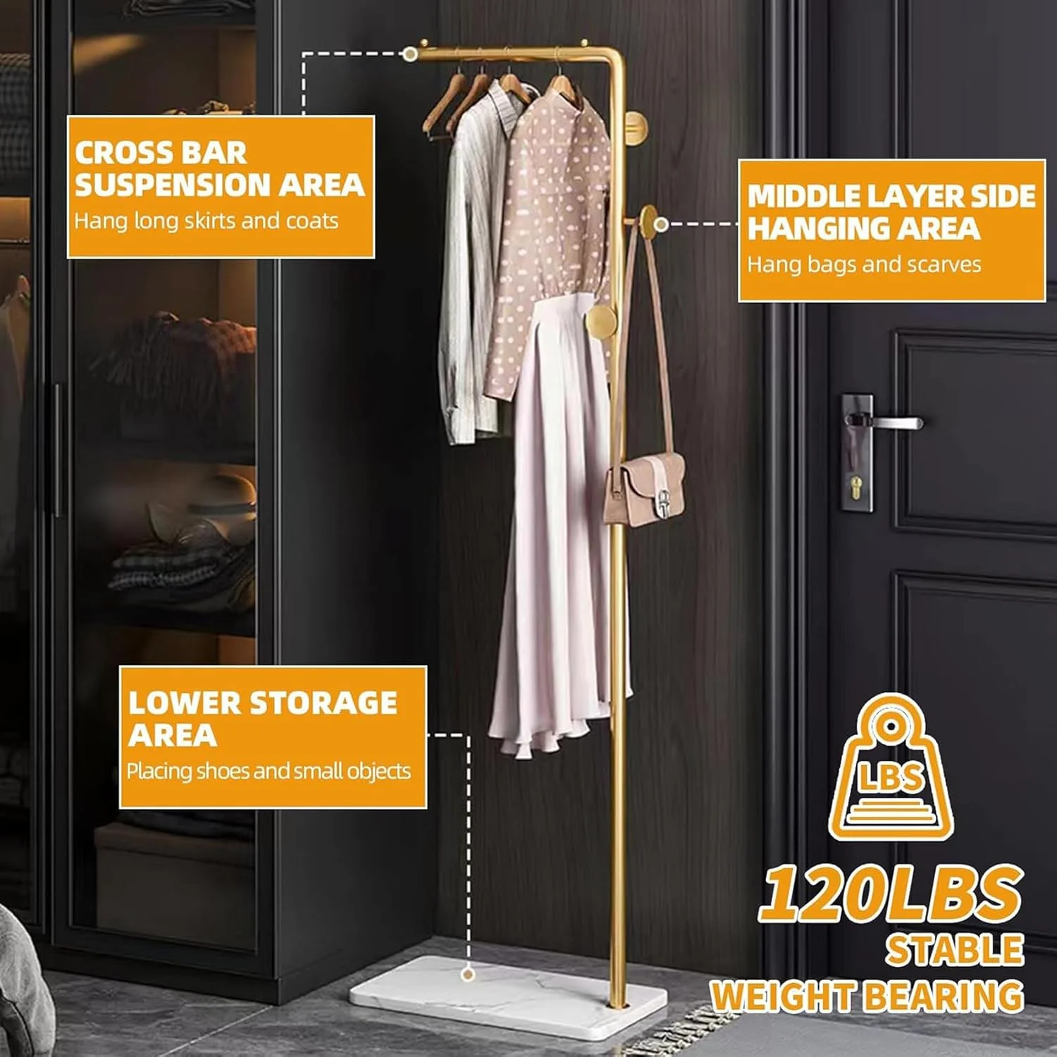 جالباسی ایستاده فلزی Marsal با پایه مرمر طبیعی، چوب لباسی با 3 آویز، ارتفاع 170 سانتی متر، مناسب ورودی منزل، اتاق خواب، هتل، راهرو برای کت، کلاه، شال، لباس و کیف (طلایی)