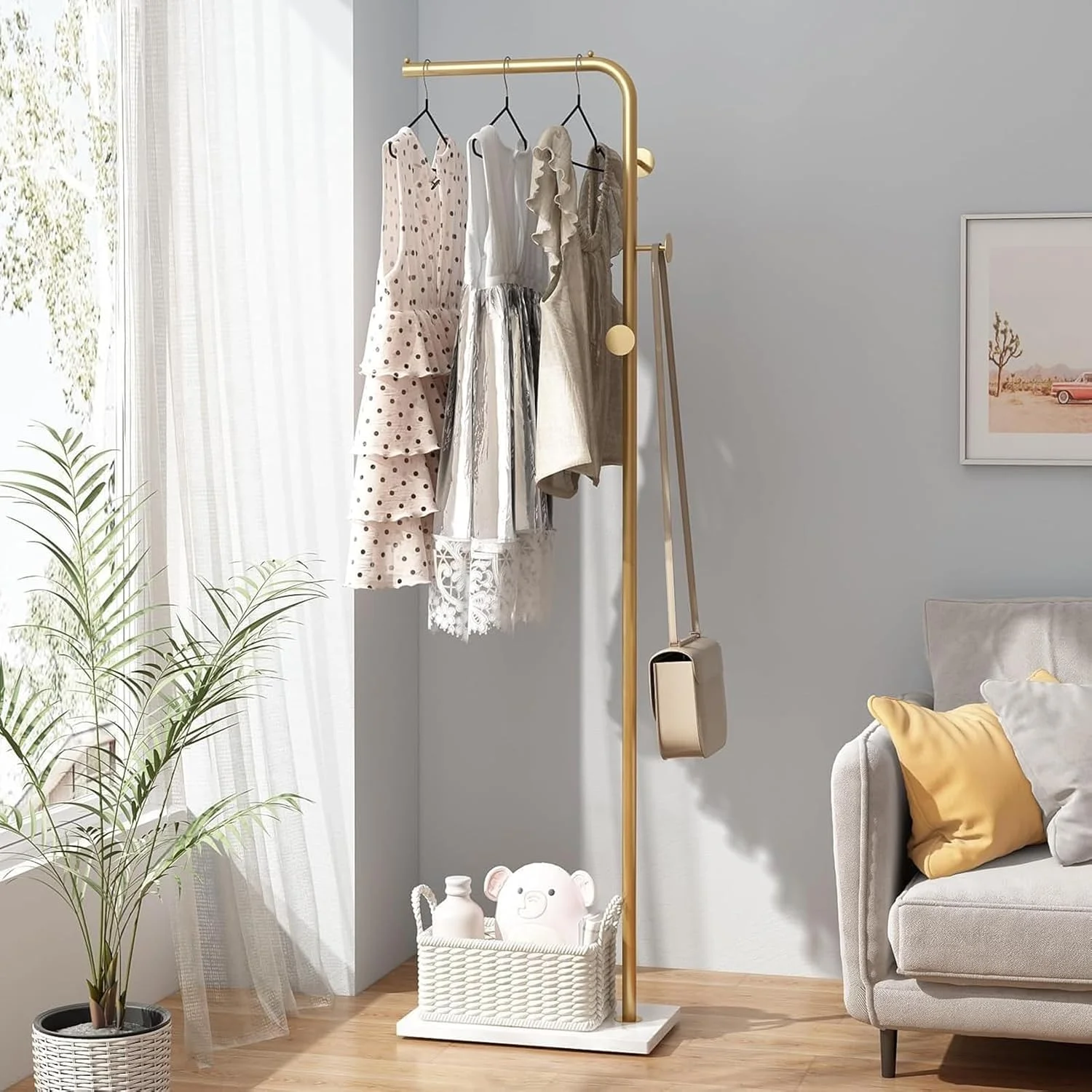 جالباسی ایستاده فلزی Marsal با پایه مرمر طبیعی، چوب لباسی با 3 آویز، ارتفاع 170 سانتی متر، مناسب ورودی منزل، اتاق خواب، هتل، راهرو برای کت، کلاه، شال، لباس و کیف (طلایی)