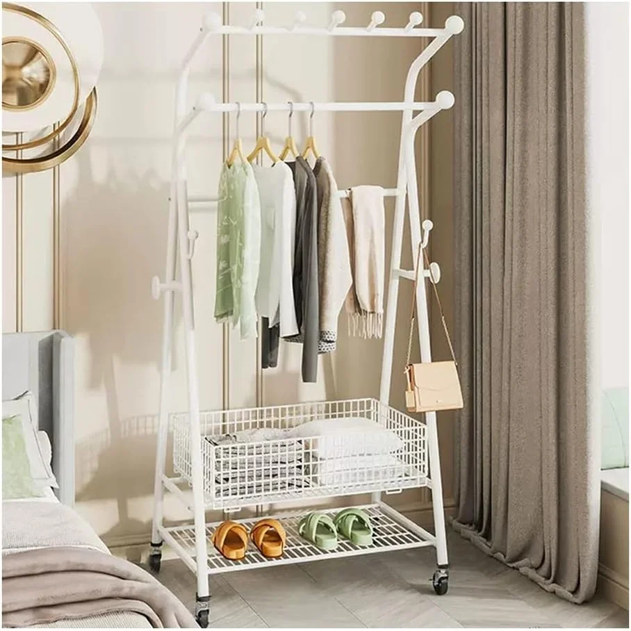 رگال لباس فلزی با قفسه ذخیره سازی 2 طبقه، رگال لباس سنگین با قلاب لباس برای کت، کیف، کفش و چکمه (رنگ: سفید B، اندازه: 80 * 46 * 172 سانتی متر)