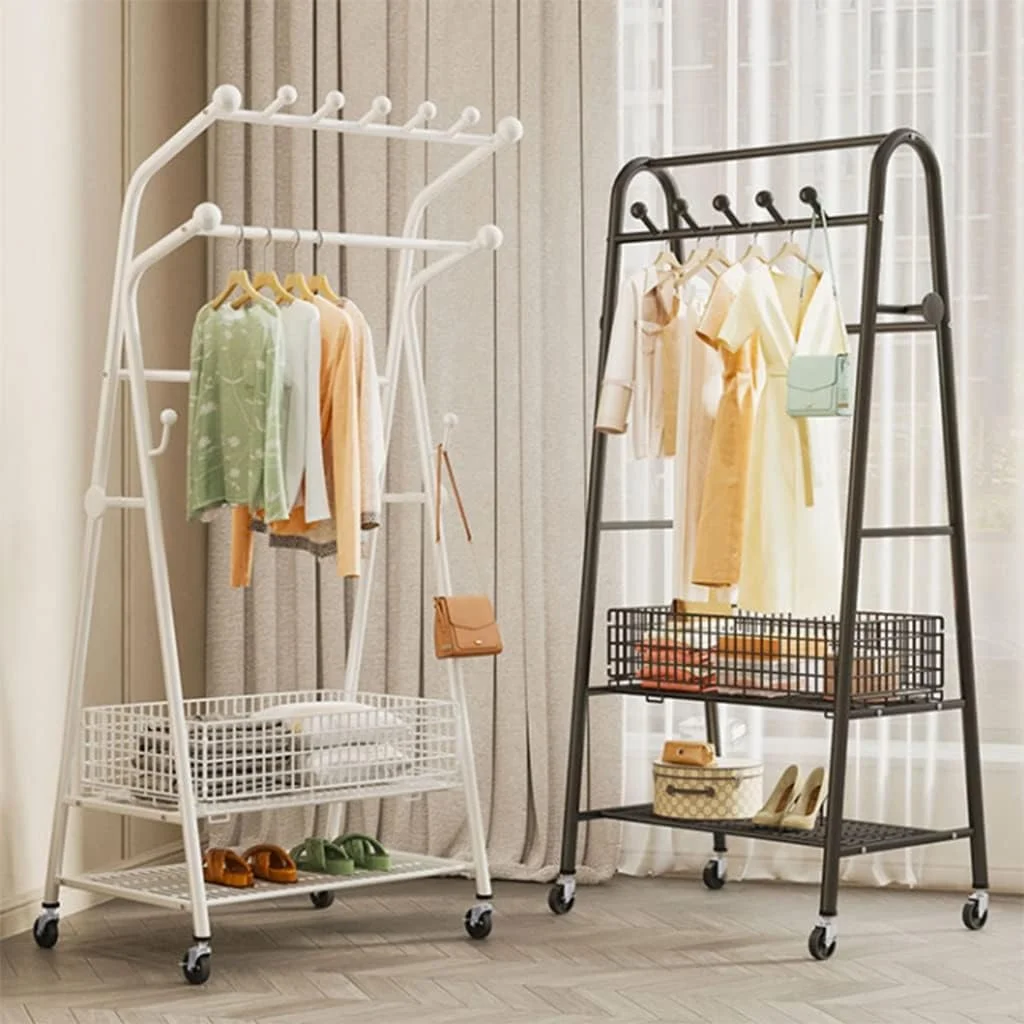 رگال لباس فلزی با قفسه ذخیره سازی 2 طبقه، رگال لباس سنگین با قلاب لباس برای کت، کیف، کفش و چکمه (رنگ: سفید B، اندازه: 80 * 46 * 172 سانتی متر)