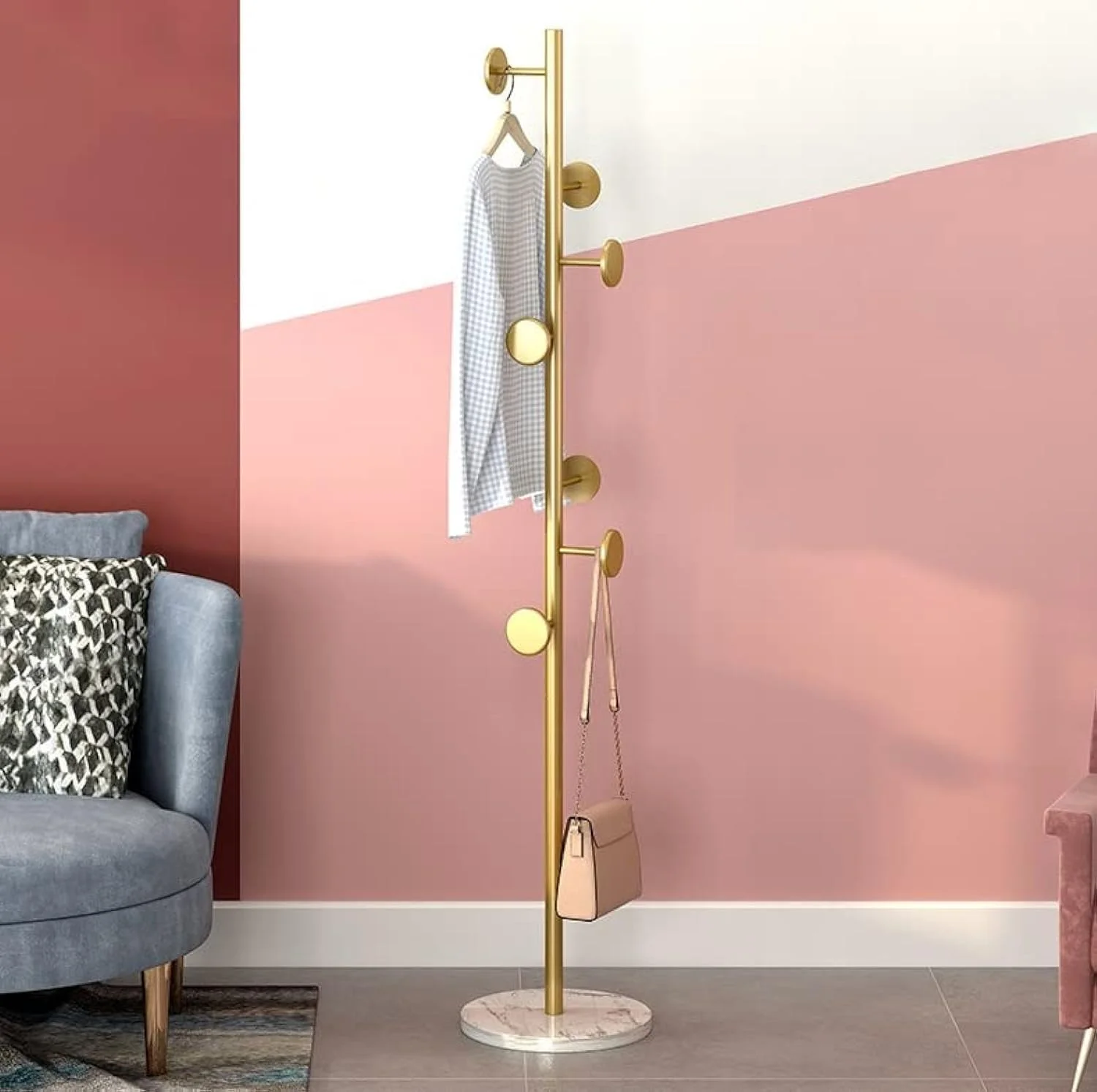 جالباسی فلزی ایستاده: جالباسی ایستاده با پایه مرمری، جالباسی ایستاده پایدار با قلاب، آویز کلاه با کیفیت عالی مناسب راهرو، اتاق خواب برای کت، کلاه، شال، کیف (طلایی)