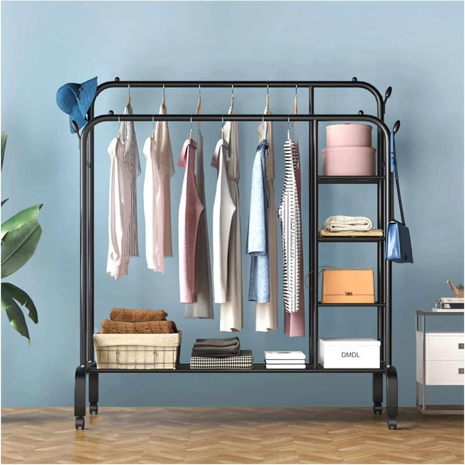 رگال لباس فلزی چرخ دار - استند نمایش لباس ایستاده برای اتاق خواب، راهرو و فروشگاه - چوب لباسی 150 سانتی متری سفید (مشکی - 135 سانتی متری)