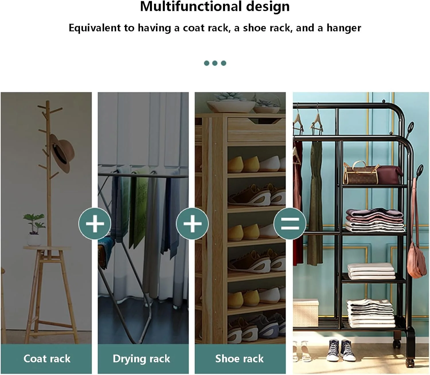 رگال لباس فلزی چرخ دار - استند نمایش لباس ایستاده برای اتاق خواب، راهرو و فروشگاه - چوب لباسی 150 سانتی متری سفید (مشکی - 135 سانتی متری)