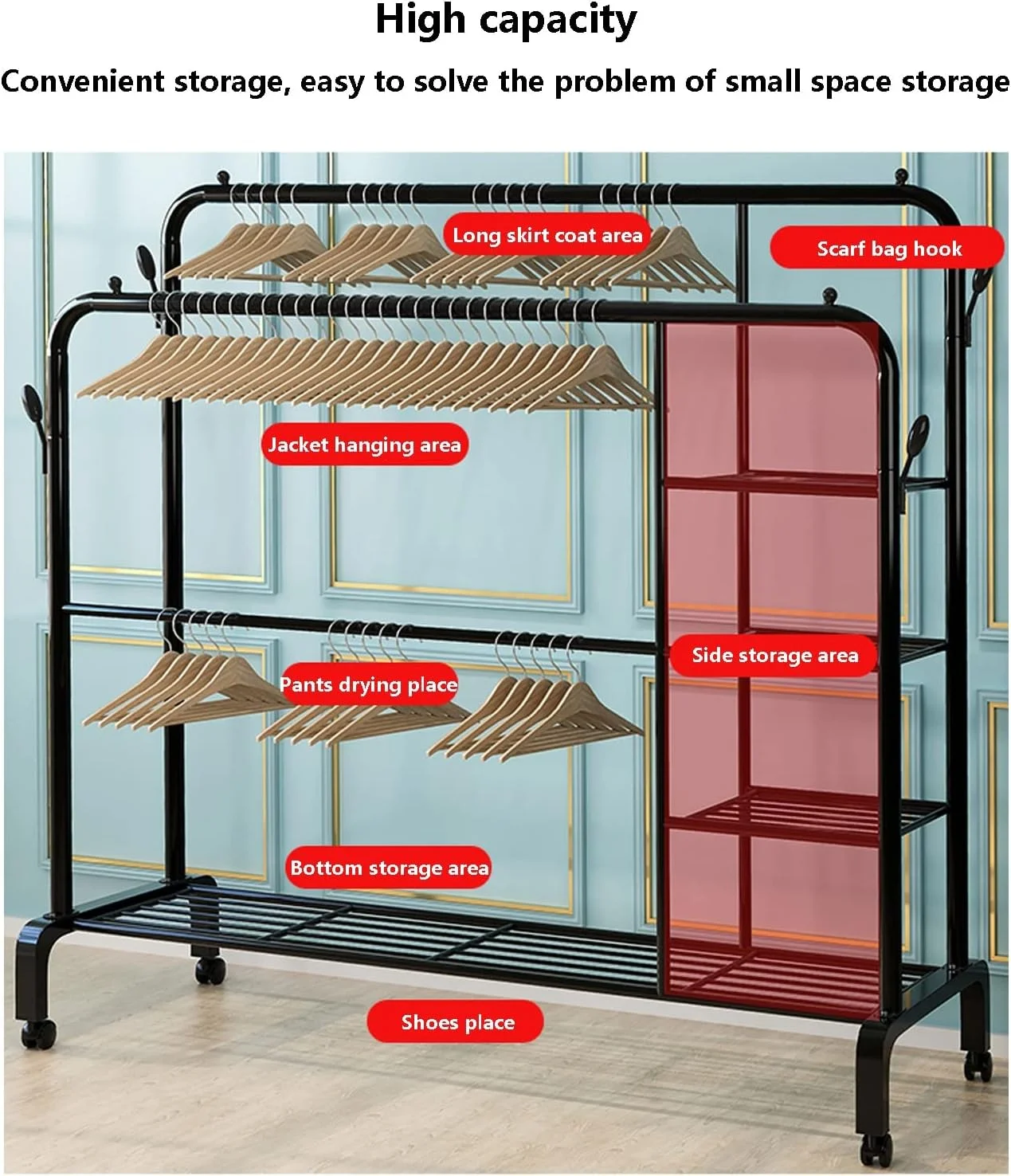 رگال لباس فلزی چرخ دار - استند نمایش لباس ایستاده برای اتاق خواب، راهرو و فروشگاه - چوب لباسی 150 سانتی متری سفید (مشکی - 135 سانتی متری)