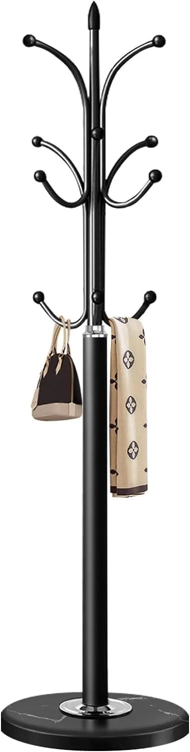 جالباسی فلزی ایستاده MedMad با پایه کوارتز، دارای 12 آویز برای آویزان کردن شال، کیف، ژاکت، مناسب برای ورودی منزل (مشکی)