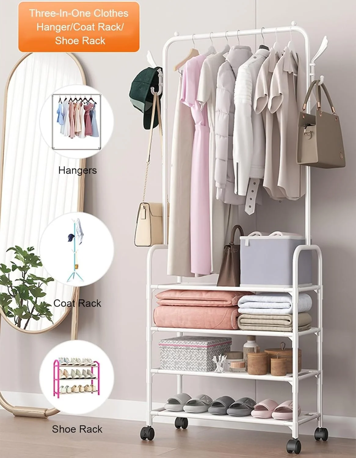 جالباسی فلزی با قفسه کفش 4 طبقه و قرقره چرخشی، استند ایستاده برای نگهداری کفش در راهرو با قلاب، A60Cm(A-60Cm) جالباسی فلزی با قفسه کفش 4 طبقه و قرقره چرخشی، استند ایستاده برای نگهداری کفش در راهرو با قلاب، A60Cm(A-60Cm)