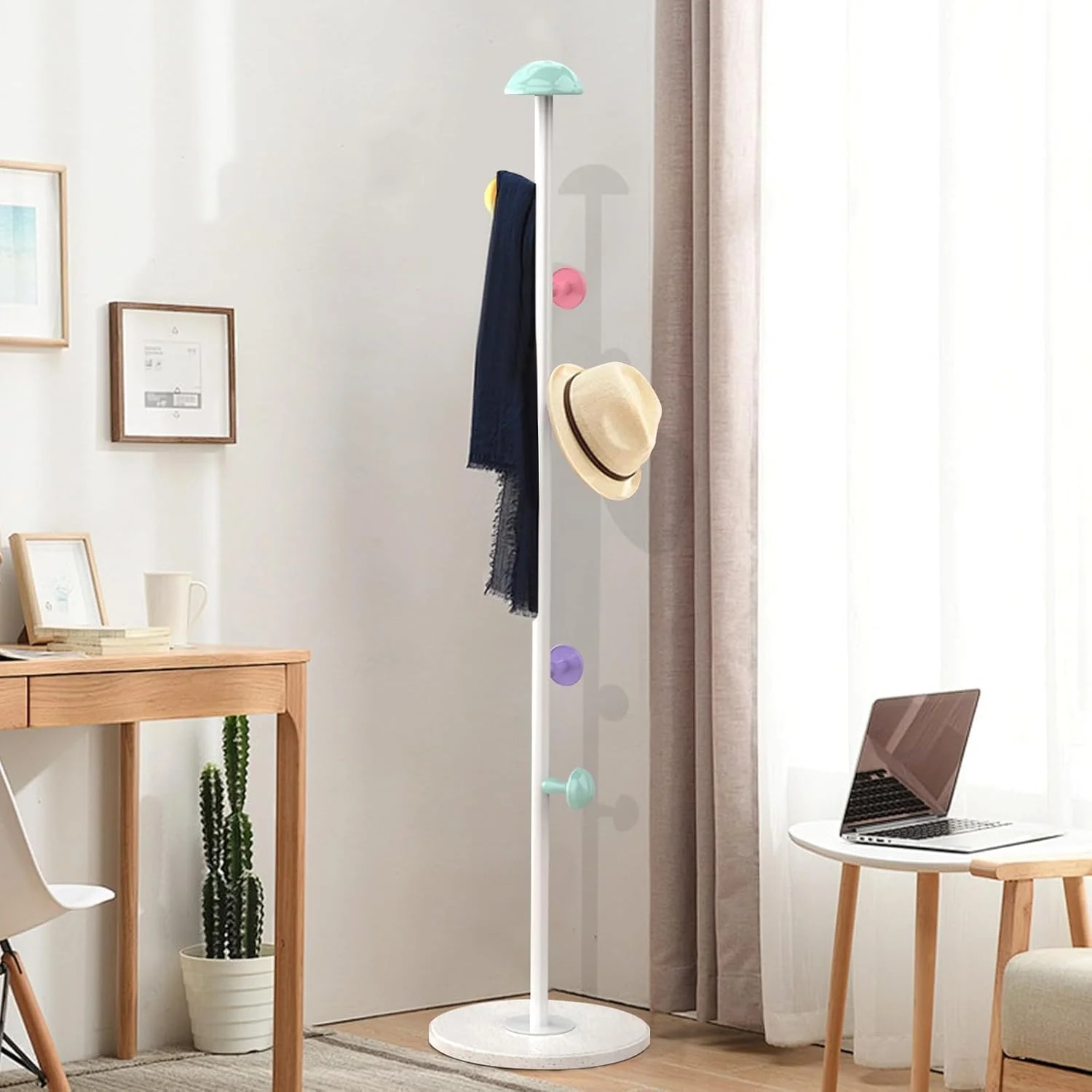 جالباسی ایستاده طرح قارچ MedMad، جالباسی ایستاده با ۷ آویز قارچی، آویز لباس فلزی، جالباسی ایستاده با پایه گرد محکم، مناسب برای ورودی، راهرو، اتاق خواب (سفید)
