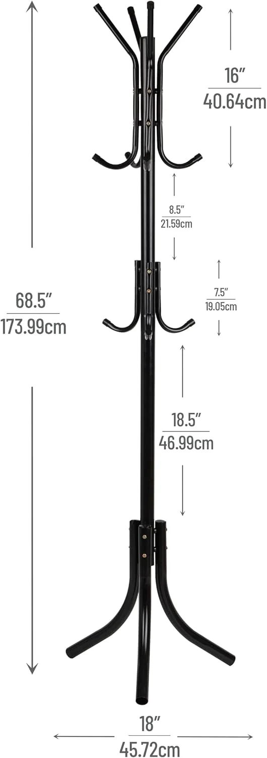 آویز لباس ایستاده فلزی مدل COATRACK11 با 11 قلاب برای کت، کیف، شال، پایه چتر، مشکی آویز لباس ایستاده فلزی مدل COATRACK11 با 11 قلاب برای کت، کیف، شال، پایه چتر، مشکی