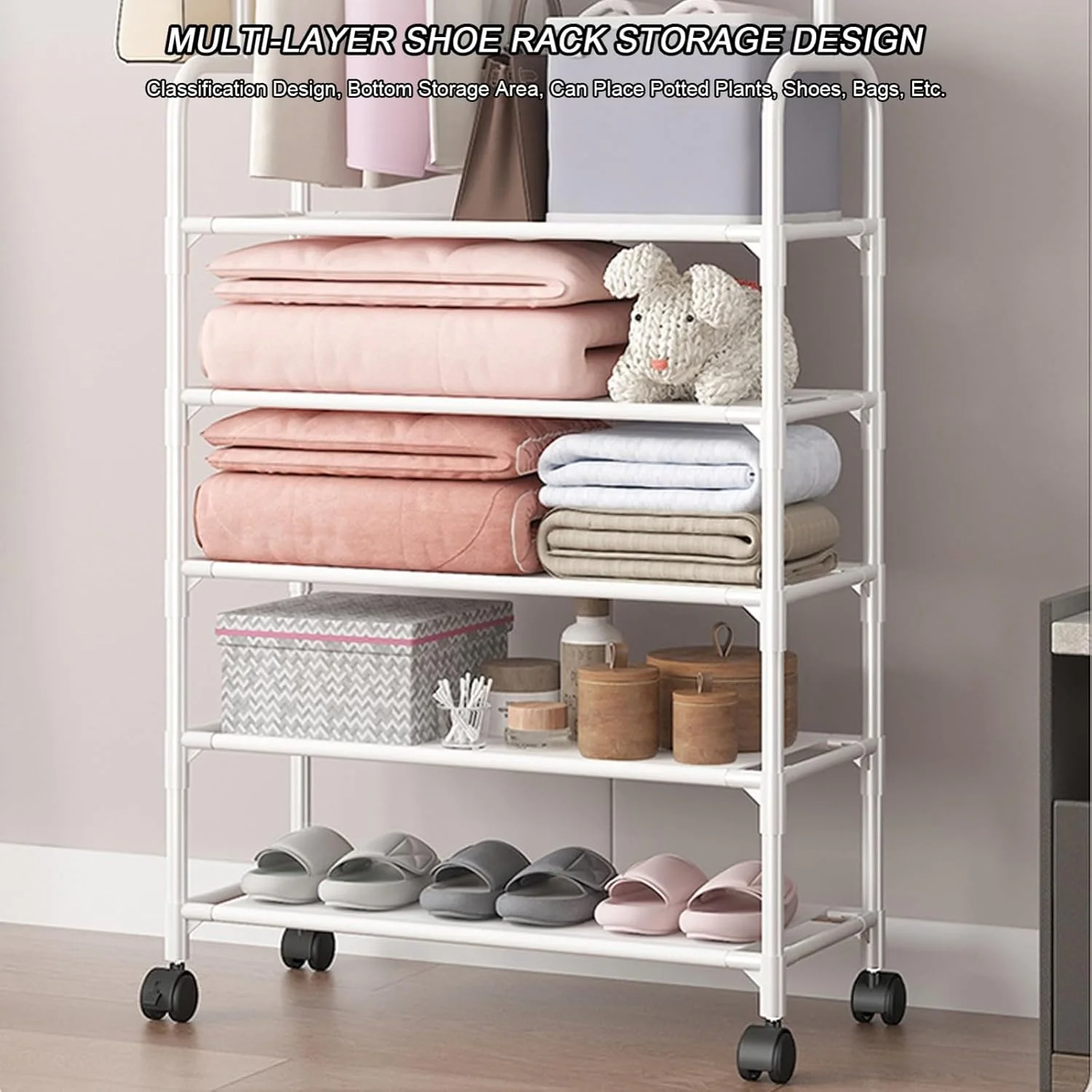 جالباسی فلزی با قفسه کفش 4 طبقه و قرقره چرخشی، استند ایستاده برای نگهداری کفش در راهرو با قلاب، A60Cm(A-60Cm) جالباسی فلزی با قفسه کفش 4 طبقه و قرقره چرخشی، استند ایستاده برای نگهداری کفش در راهرو با قلاب، A60Cm(A-60Cm)