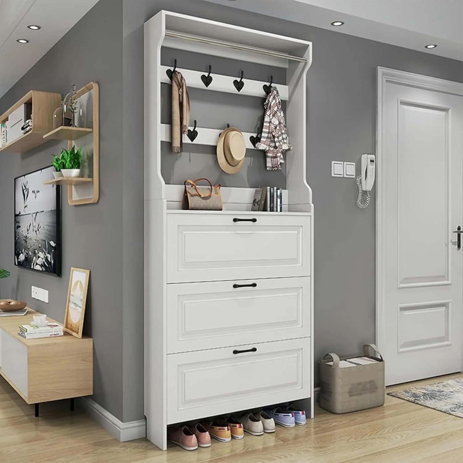 جالباسی مدرن سفید با کشو برای نگهداری کفش و قلاب های فلزی برای آویزان کردن لباس، چند منظوره مناسب ورودی اتاق نشیمن و لابی (D-70X17X208Cm) جالباسی مدرن سفید با کشو برای نگهداری کفش و قلاب های فلزی برای آویزان کردن لباس، چند منظوره مناسب ورودی اتاق نشیمن و لابی (D-70X17X208Cm)