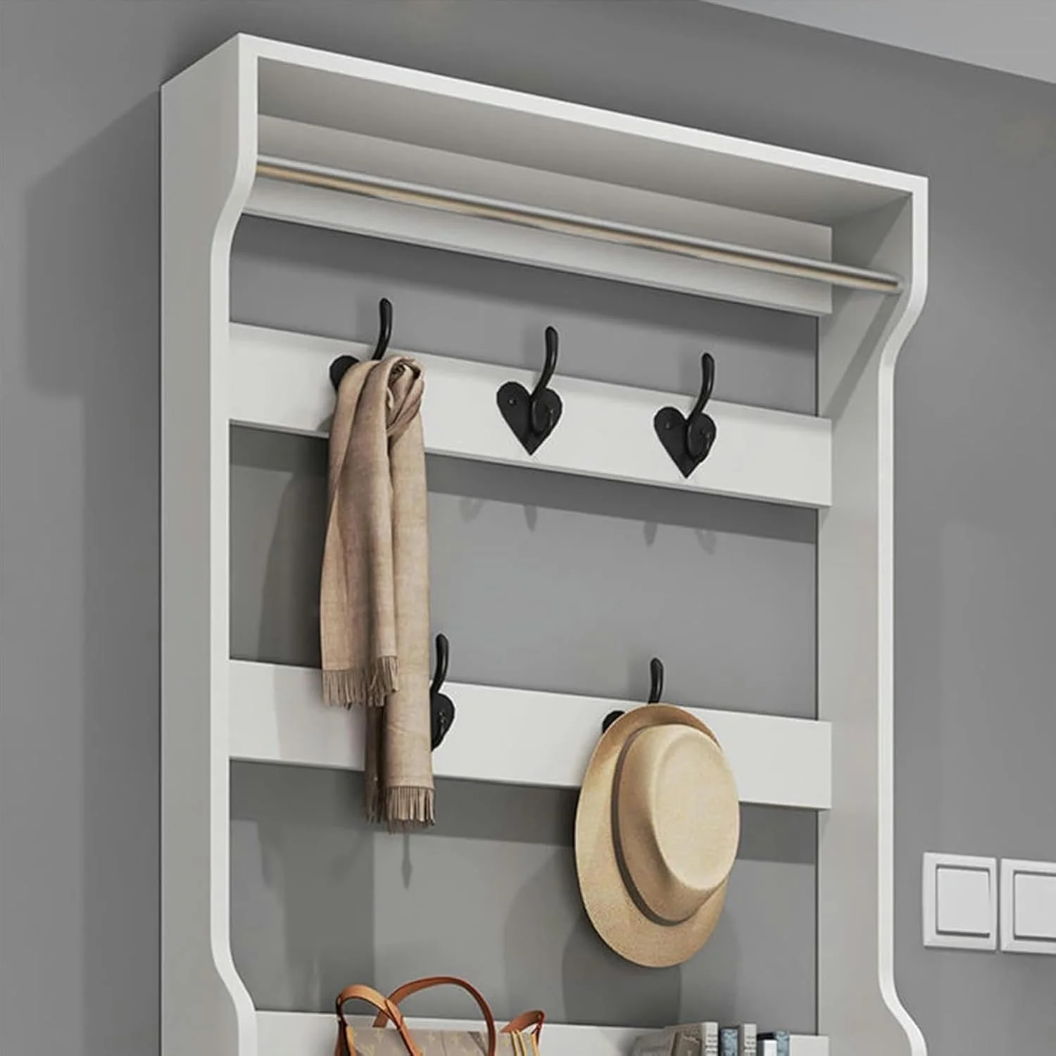 جالباسی مدرن سفید با کشو برای نگهداری کفش و قلاب های فلزی برای آویزان کردن لباس، چند منظوره مناسب ورودی اتاق نشیمن و لابی (D-70X17X208Cm) جالباسی مدرن سفید با کشو برای نگهداری کفش و قلاب های فلزی برای آویزان کردن لباس، چند منظوره مناسب ورودی اتاق نشیمن و لابی (D-70X17X208Cm)