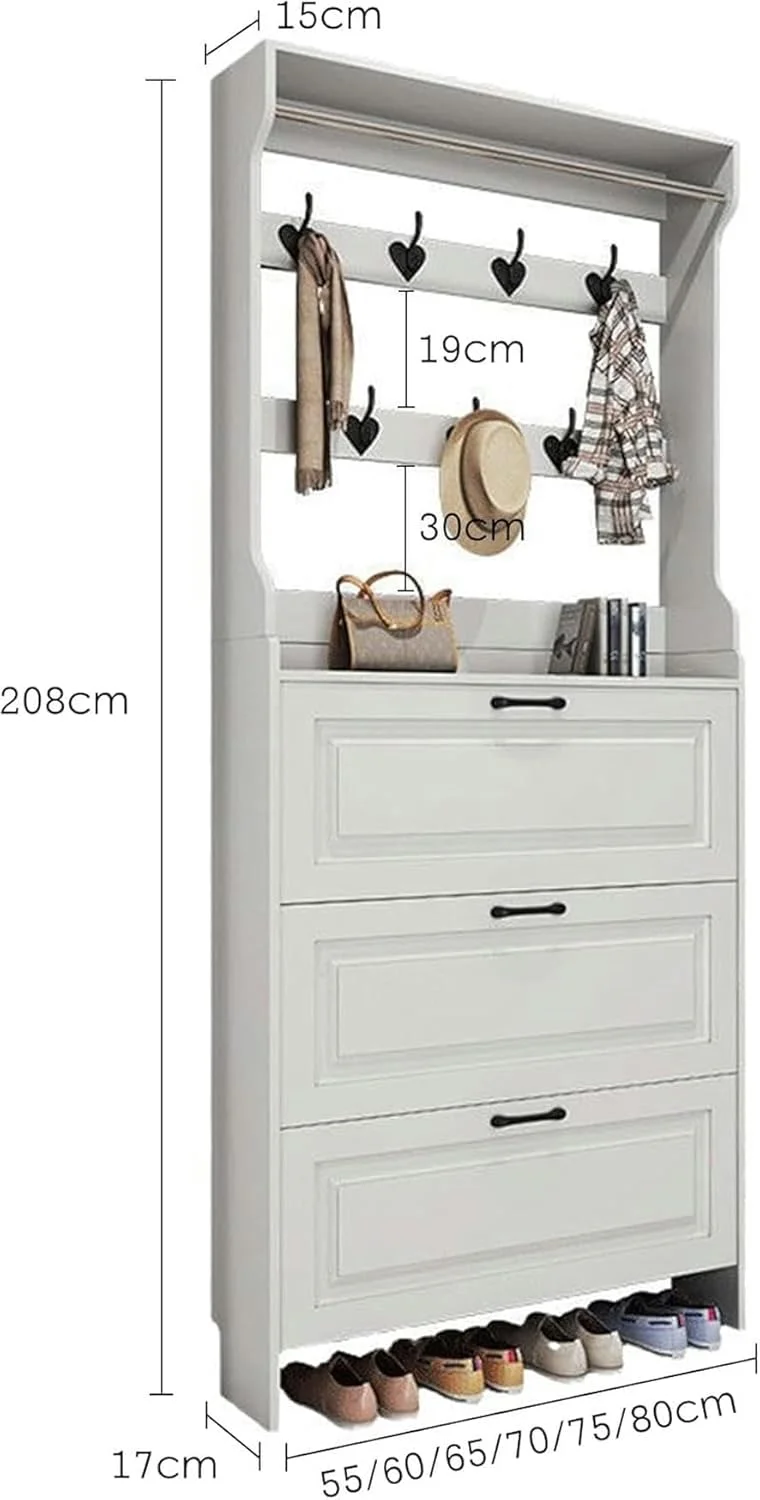 جالباسی مدرن سفید با کشو برای نگهداری کفش و قلاب های فلزی برای آویزان کردن لباس، چند منظوره مناسب ورودی اتاق نشیمن و لابی (D-70X17X208Cm) جالباسی مدرن سفید با کشو برای نگهداری کفش و قلاب های فلزی برای آویزان کردن لباس، چند منظوره مناسب ورودی اتاق نشیمن و لابی (D-70X17X208Cm)