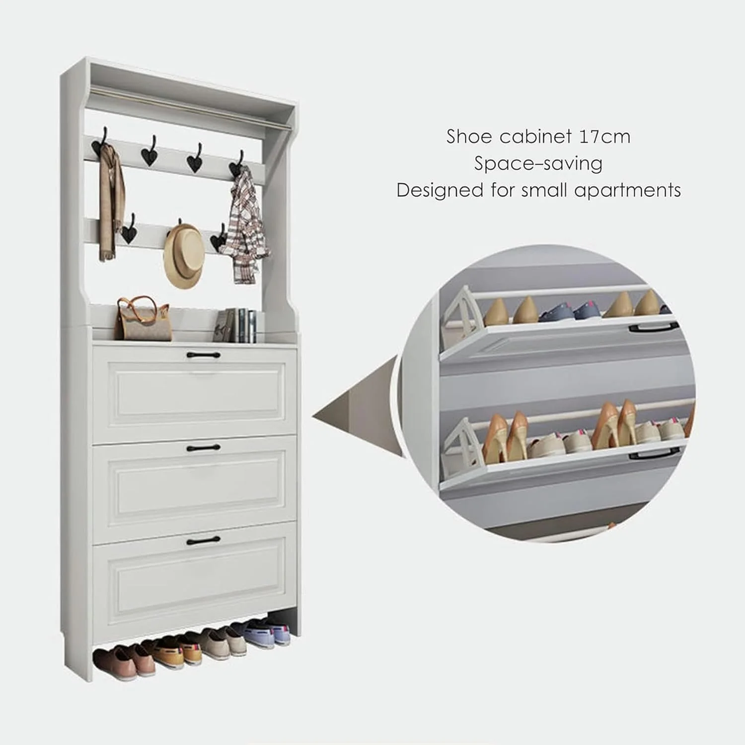 جالباسی مدرن سفید با کشو برای نگهداری کفش و قلاب های فلزی برای آویزان کردن لباس، چند منظوره مناسب ورودی اتاق نشیمن و لابی (D-70X17X208Cm) جالباسی مدرن سفید با کشو برای نگهداری کفش و قلاب های فلزی برای آویزان کردن لباس، چند منظوره مناسب ورودی اتاق نشیمن و لابی (D-70X17X208Cm)