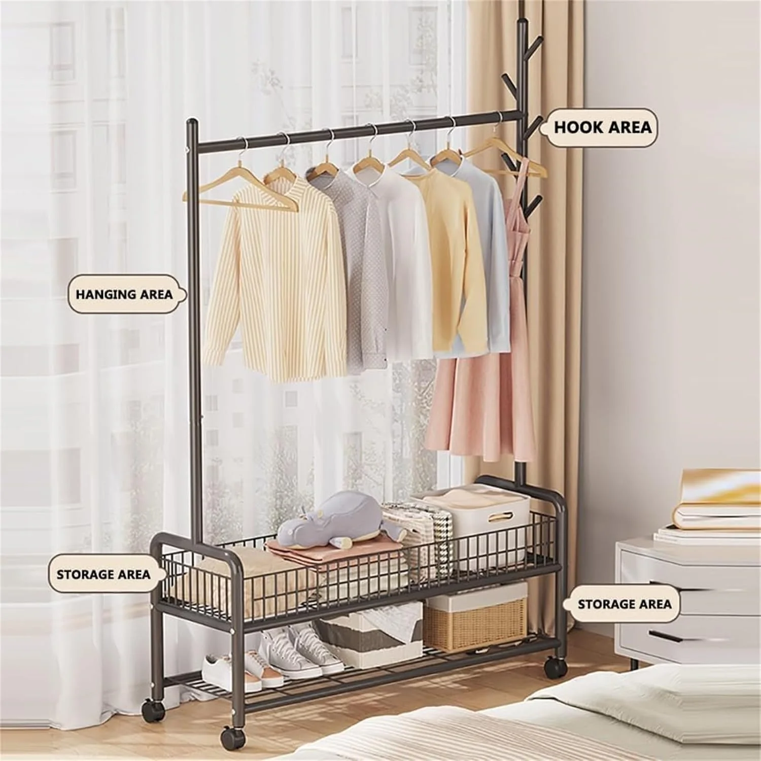 رگال لباس فلزی متحرک MOTIM با چرخ‌های 360 درجه، سازمان‌دهنده لباس با قفسه‌های زیرین، سبد و 4 آویز برای لباس، کلاه و کیف (مشکی، 120 * 35 * 176 سانتی‌متر)