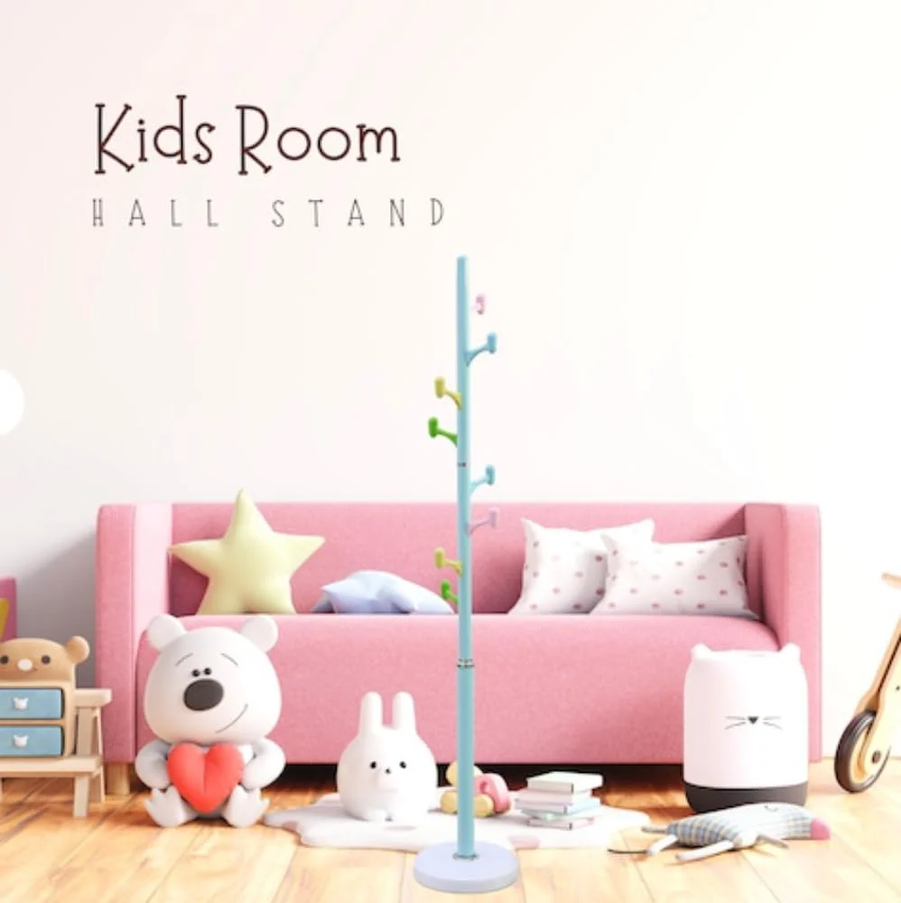 چوب لباسی ایستاده MOMENT، آویز لباس، رخت آویز فلزی با 8 چنگک رنگی، نصب آسان در ورودی، اتاق خواب، راهرو برای کلاه، کیف، لباس، چتر...