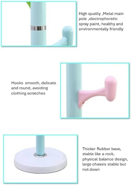 چوب لباسی ایستاده MOMENT، آویز لباس، رخت آویز فلزی با 8 چنگک رنگی، نصب آسان در ورودی، اتاق خواب، راهرو برای کلاه، کیف، لباس، چتر...