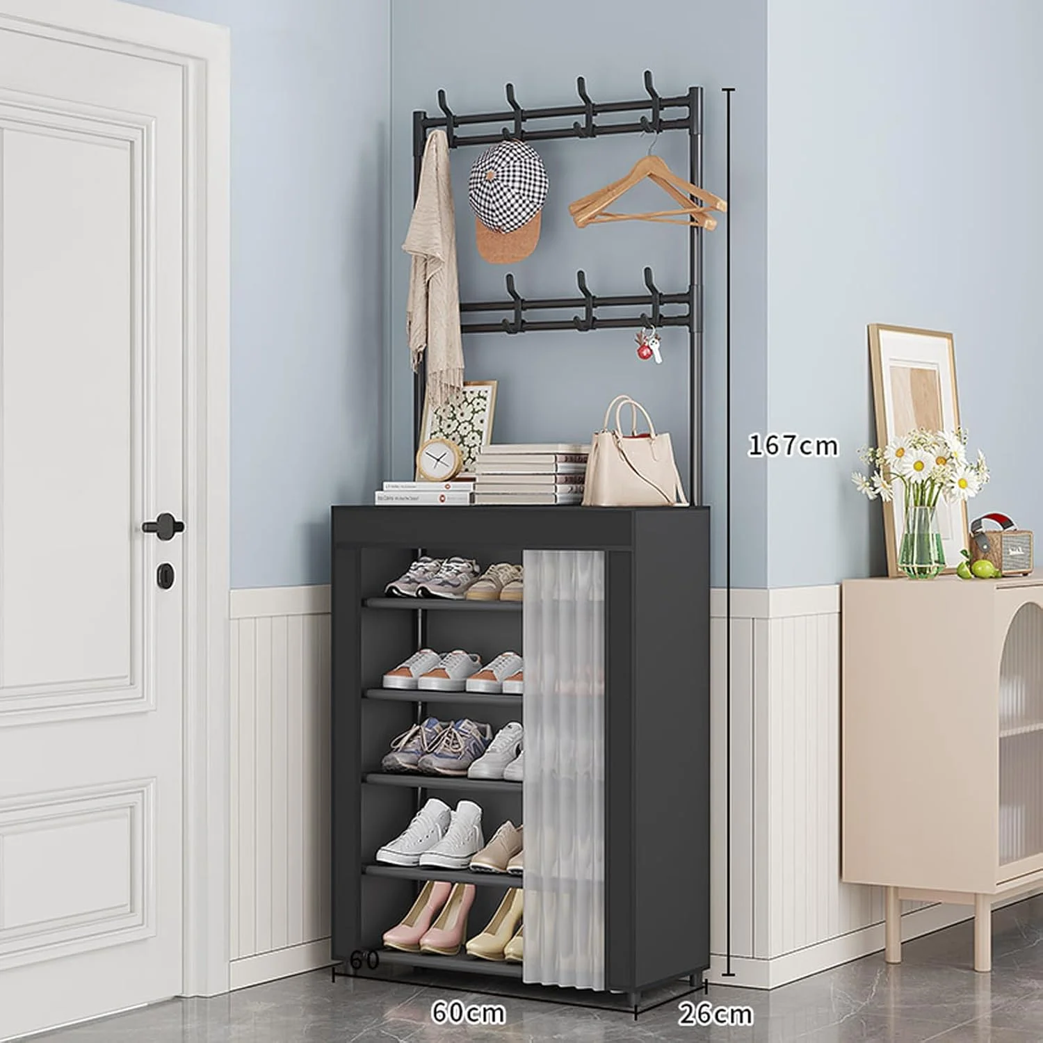 جالباسی و جاکفشی 6 طبقه MostNow با 8 آویز و قفسه، ایستاده (مشکی)