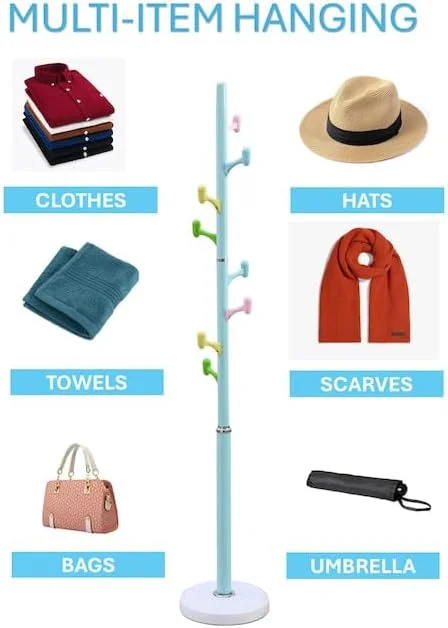 چوب لباسی ایستاده MOMENT، آویز لباس، رخت آویز فلزی با 8 چنگک رنگی، نصب آسان در ورودی، اتاق خواب، راهرو برای کلاه، کیف، لباس، چتر...