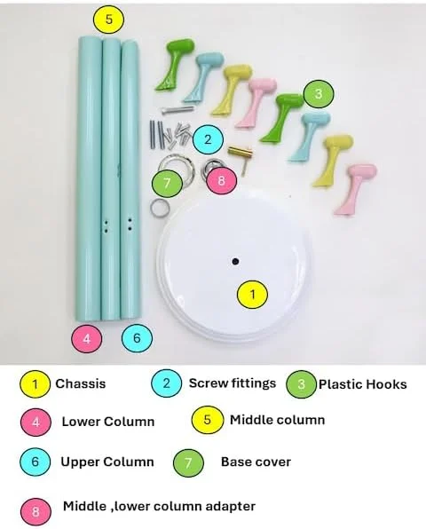 چوب لباسی ایستاده MOMENT، آویز لباس، رخت آویز فلزی با 8 چنگک رنگی، نصب آسان در ورودی، اتاق خواب، راهرو برای کلاه، کیف، لباس، چتر...