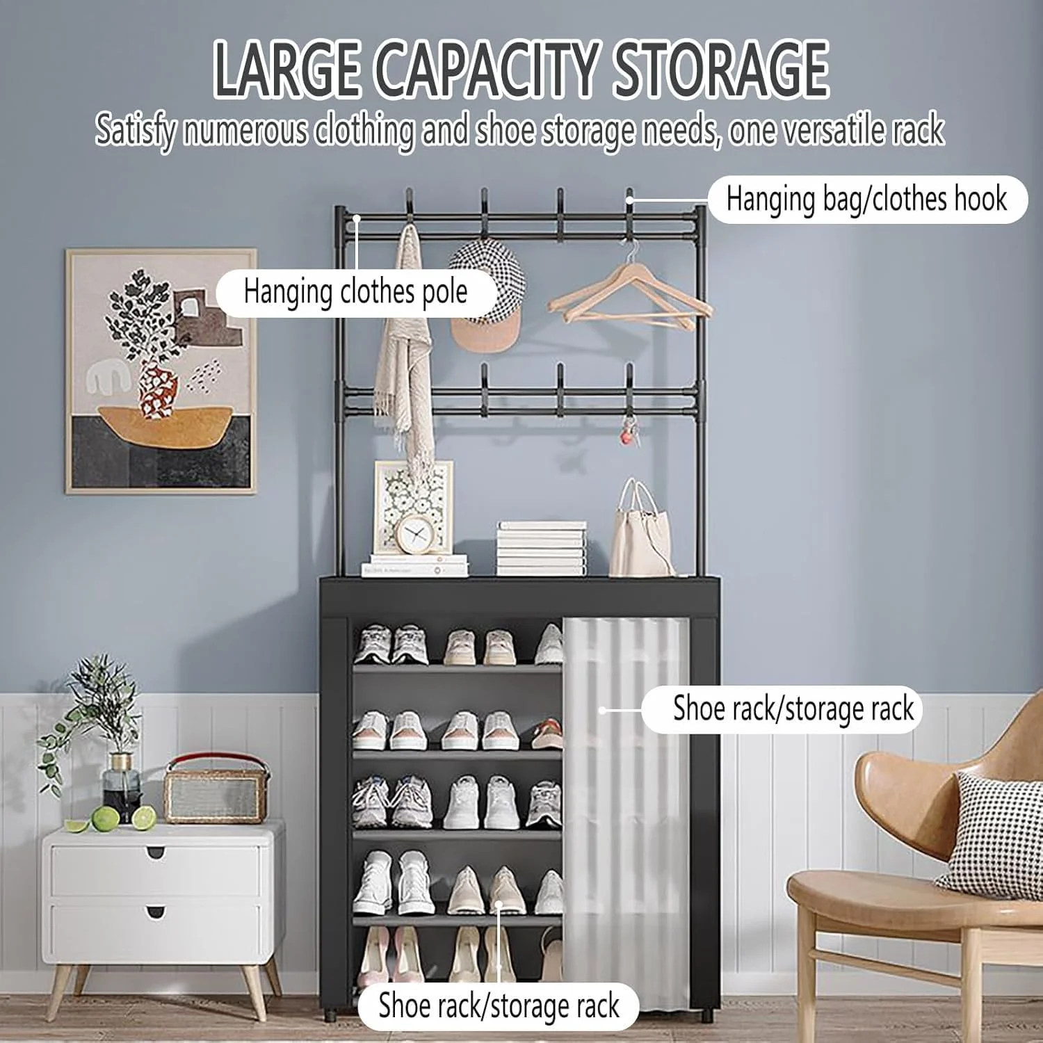 جالباسی و جاکفشی 6 طبقه MostNow با 8 آویز و قفسه، ایستاده (مشکی)