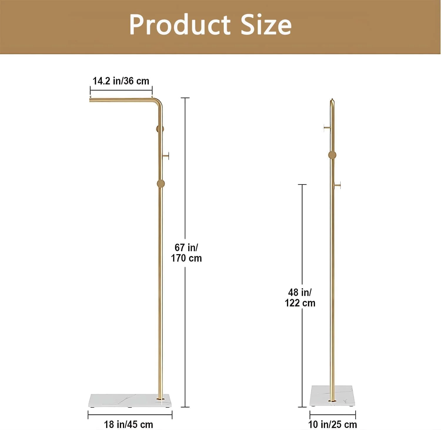 چوب لباسی فلزی مدرن و مقاوم، استند چوب لباسی 170 سانتی متری با پایه مرمر، استند رخت آویز پایدار با قلاب، رخت آویز ایستاده، رخت آویز مناسب لباس (سفید طلایی)