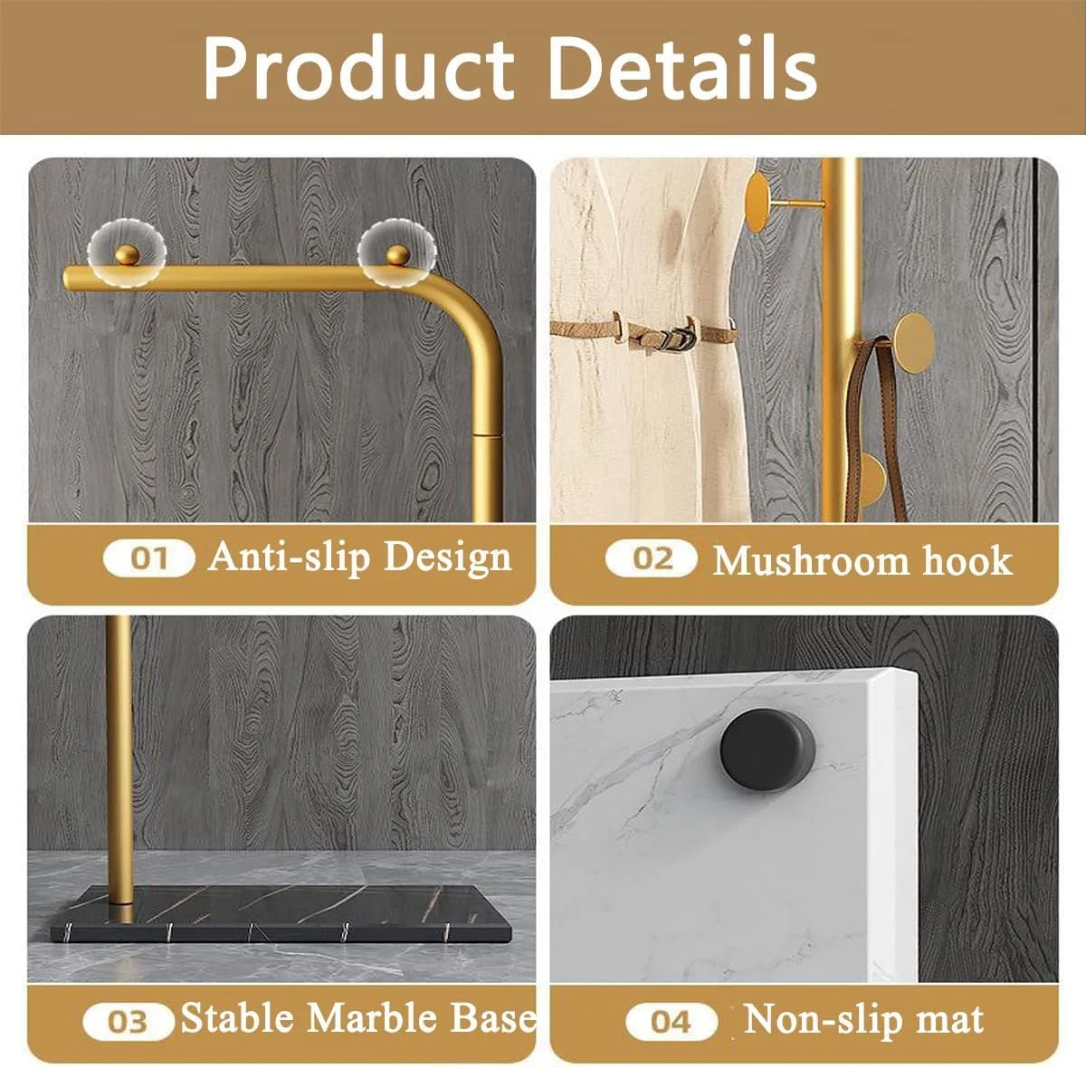 چوب لباسی فلزی مدرن و مقاوم، استند چوب لباسی 170 سانتی متری با پایه مرمر، استند رخت آویز پایدار با قلاب، رخت آویز ایستاده، رخت آویز مناسب لباس (سفید طلایی)