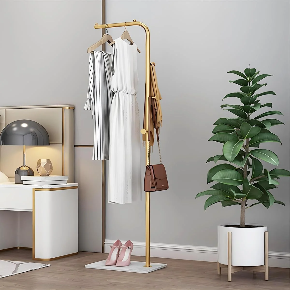 چوب لباسی فلزی مدرن و مقاوم، استند چوب لباسی 170 سانتی متری با پایه مرمر، استند رخت آویز پایدار با قلاب، رخت آویز ایستاده، رخت آویز مناسب لباس (سفید طلایی)