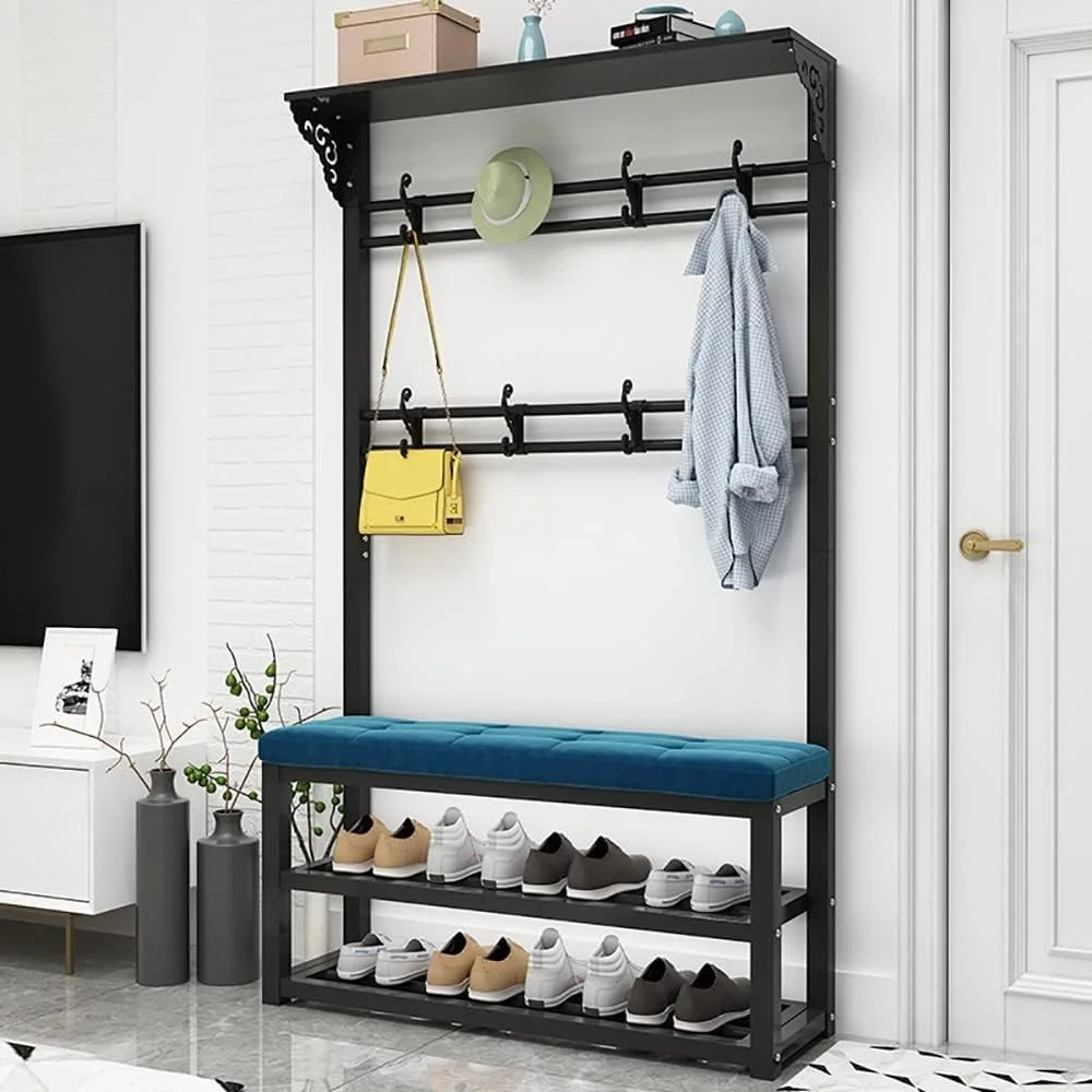 رخت آویز فلزی مدرن صنعتی با 11 آویز و نیمکت دو طبقه کفش - ورودی شیک برای راهرو و اتاق نشیمن، راه حل صرفه جویی در فضا (C-80X30X172Cm) رخت آویز فلزی مدرن صنعتی با 11 آویز و نیمکت دو طبقه کفش - ورودی شیک برای راهرو و اتاق نشیمن، راه حل صرفه جویی در فضا (C-80X30X172Cm)