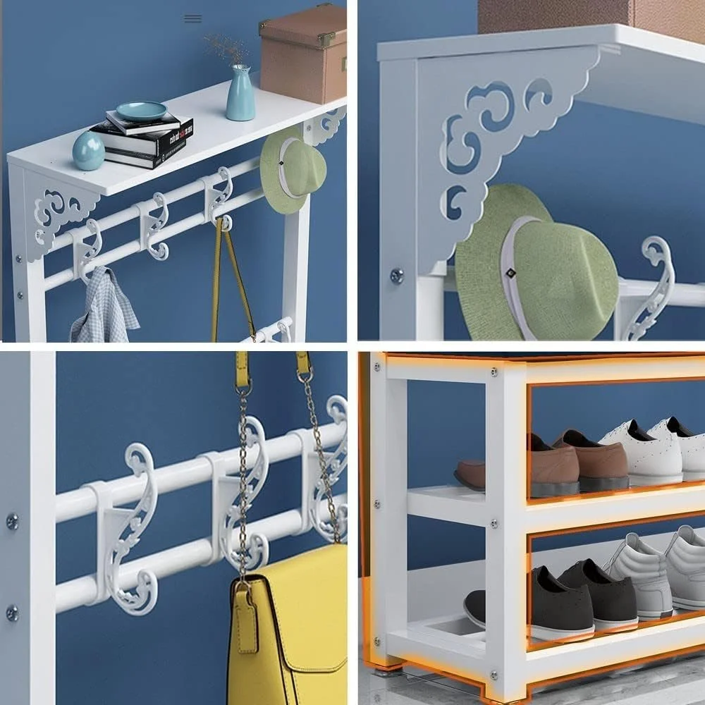 رخت آویز فلزی مدرن صنعتی با 11 آویز و نیمکت دو طبقه کفش - ورودی شیک برای راهرو و اتاق نشیمن، راه حل صرفه جویی در فضا (C-80X30X172Cm)